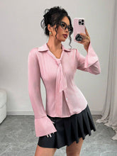 Women Casual Chic Commuting Satin Fabric Striped Shirt With Detachable Neck Tie, Waist Cinched, Flared Cuff Sleeves